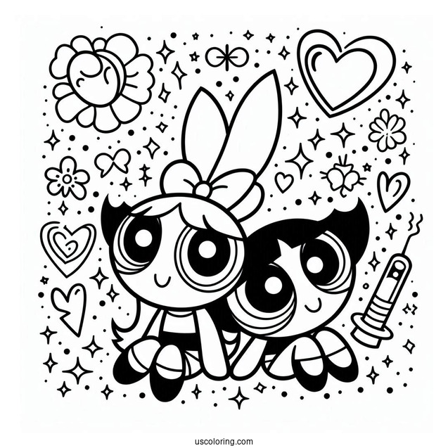 Powerpuff Girls In Love Heart Coloring Sheet