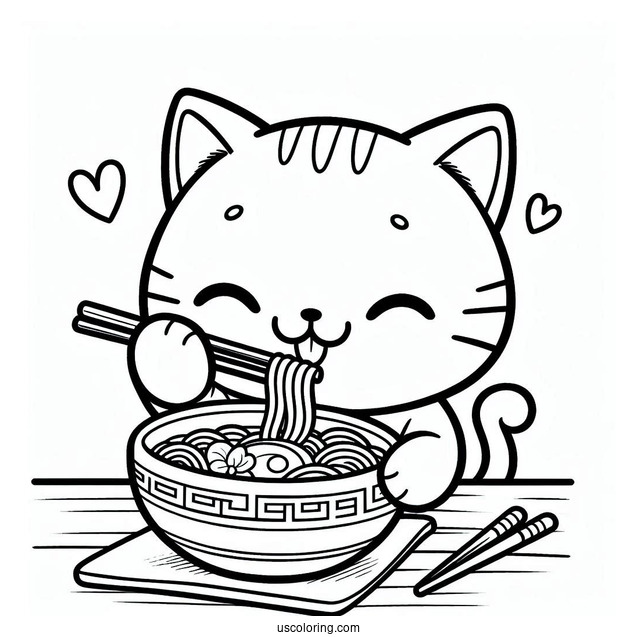 Cat Eating Ramen Coloring Page For Kids