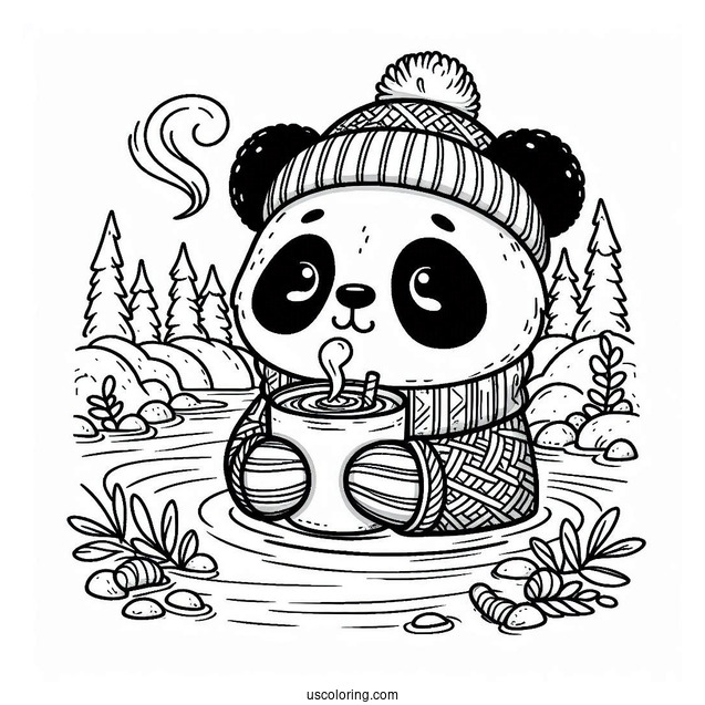 Cozy Panda Coloring Page in Sweater Drinking Hot Cocoa by the River
