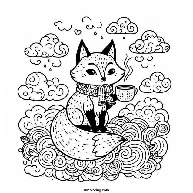 Detailed Fox Coloring Page Holding Cup In Clouds