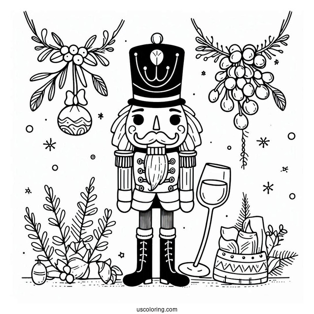 Easy Nutcracker Coloring Page With Mistletoe Frame For Kids