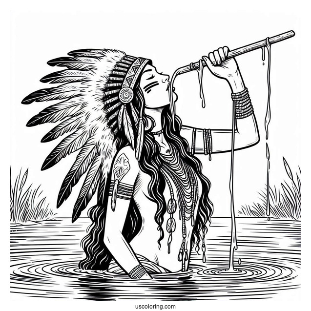 Native American Coloring Page Woman Holding Spear While Drinking From River