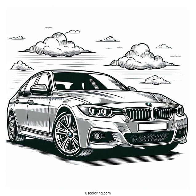BMW Coloring Page Series 3 Berline With Cloudy Background