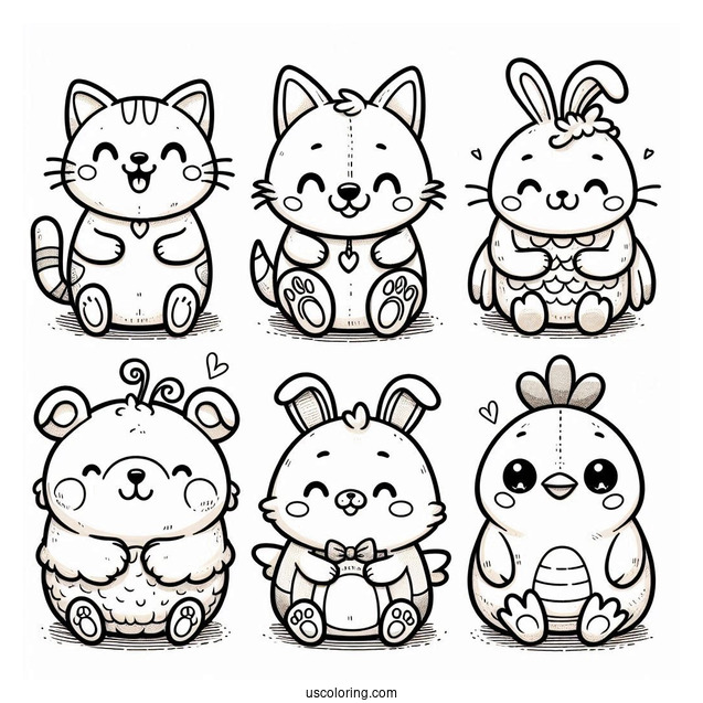 Smiling Critters Coloring Page Of CatNap, DogDay, Bobby BearHug, Bubba Bubbaphant, CraftyCorn, Hoppy Hopscotch, KickinChicken, And PickyPiggy