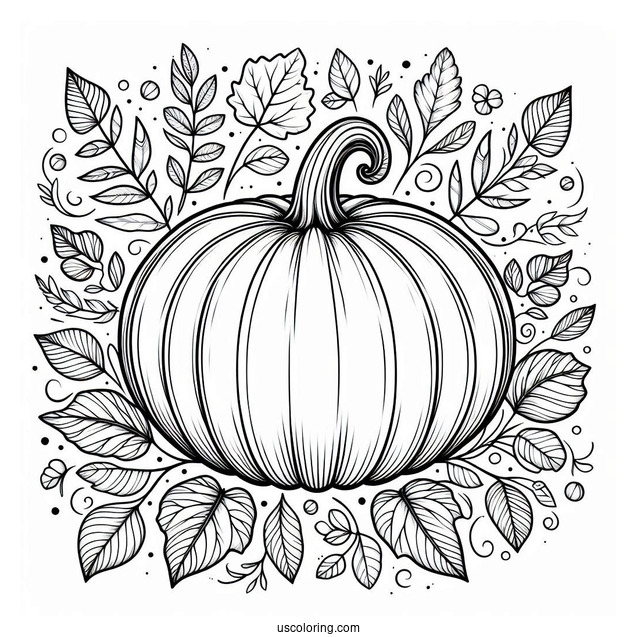Round Pumpkin Coloring Page Surrounded By Leaves And Vines