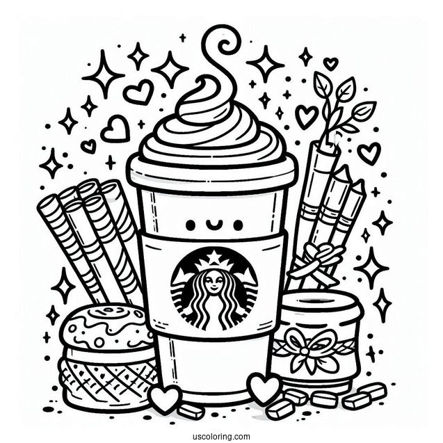 Cute Overflowing Starbucks Coloring Page Coffee With Hearts And Sparkles