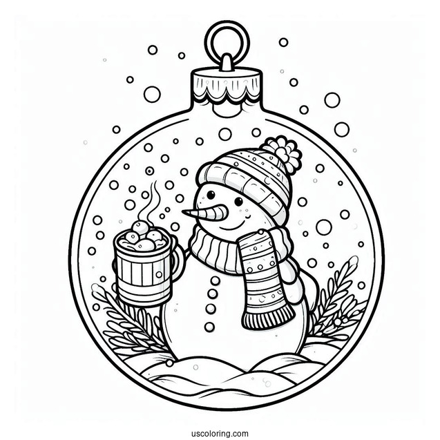 Snowman Holding Hot Chocolate In The Snow Bauble Christmas Ornaments Coloring Page