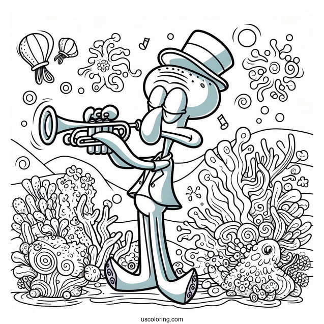 Squidward Coloring Page Playing Trumpet