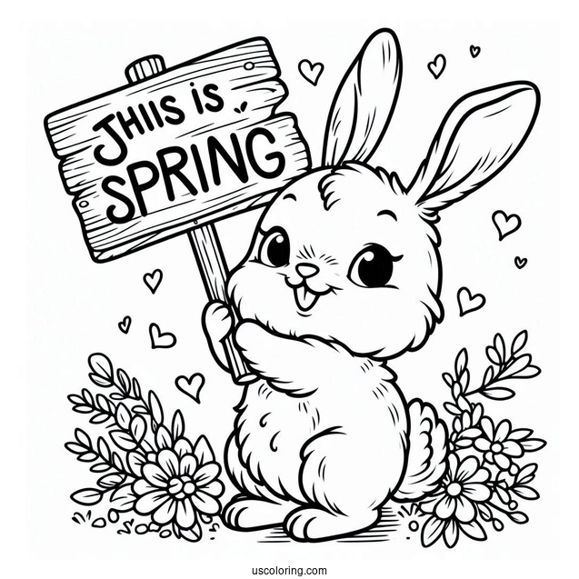 Rabbit Holding A Spring Is Here Sign Coloring Sheet