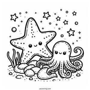 Cute Starfish Coloring Page On Rock Beside Octopus For Preschoolers