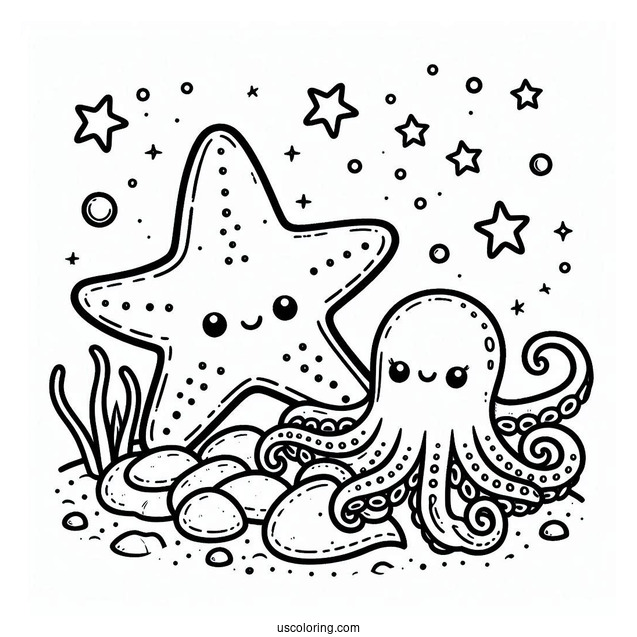 Cute Starfish Coloring Page On Rock Beside Octopus For Preschoolers