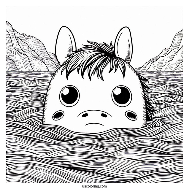 Studio Ghibli Coloring Page of Ponyo Peering Above The Ocean