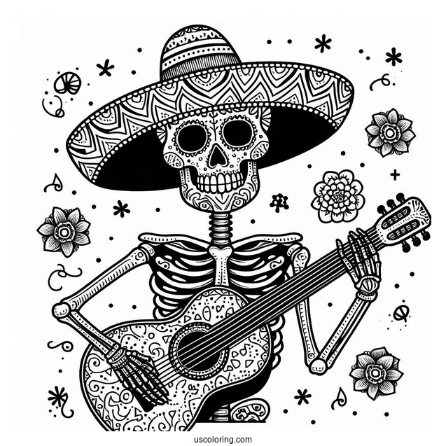 Sugar Skulls Coloring Page Of Skeleton Wearing Sombrero And Playing The Guitar