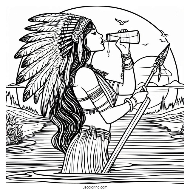 Native American Coloring Page Woman Holding Spear While Drinking From River