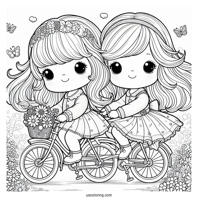 Precious Moments Coloring Page Of Two Girls Riding Bicycle