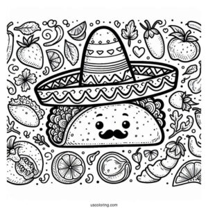 Detailed Taco Coloring Page With Sombrero On Top