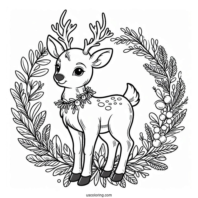 Reindeer In Christmas Wreath To Color