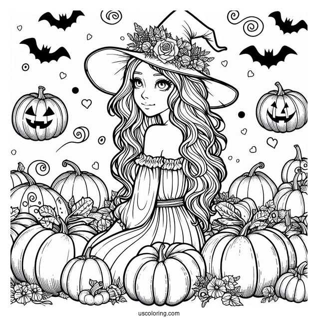 Pretty Witch Surrounded By Numerous Pumpkin Coloring Page