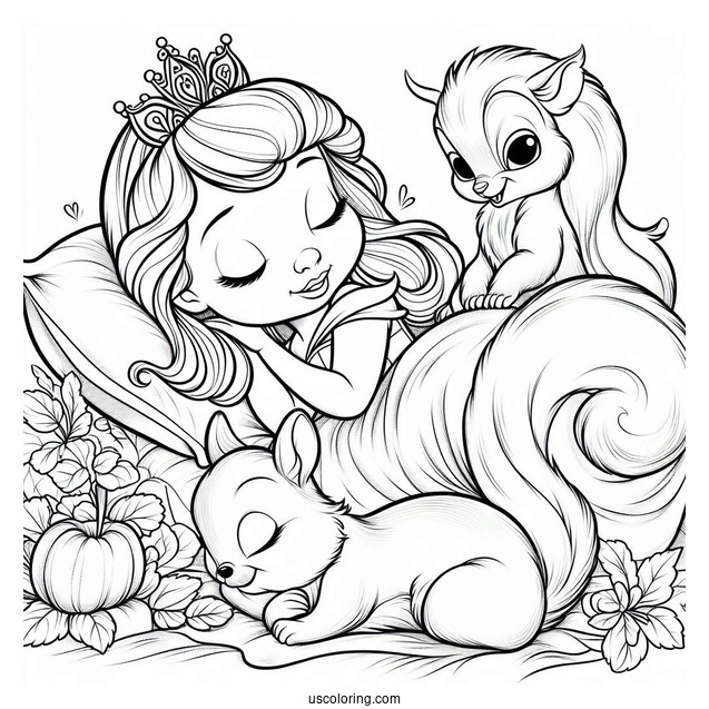 Sleeping Beauty Coloring Page Of Baby Princess Aurora Playing With A Squirrel For Kids