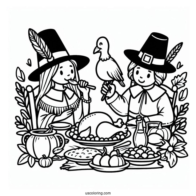 Pilgrim Coloring Page Eating Thanksgiving Feast With Native Americans