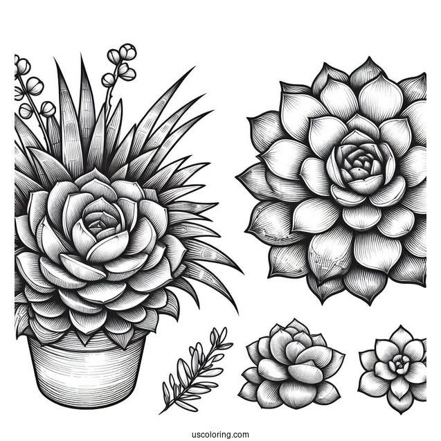 Pretty Echeveria And Haworthia Succulent Coloring Page