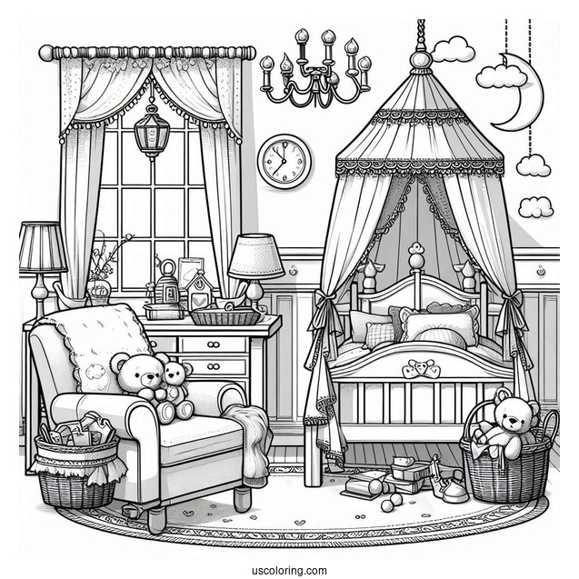 Quaint Bedroom Coloring Page With Canopy, Armchair, And Stuffed Toys