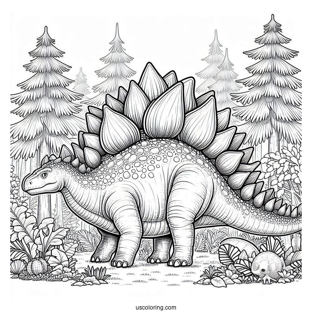 Realistic Stegosaurus Coloring Page In The Forest