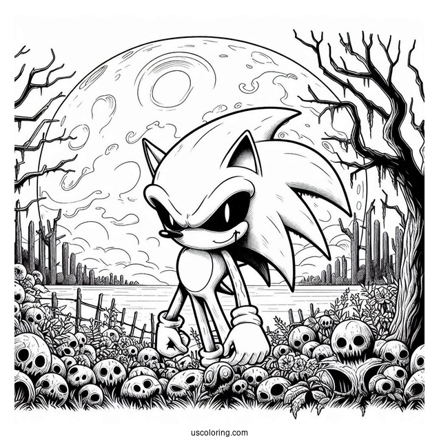 Creepy Sonic Exe Coloring Page With Dead Trees And Full Moon In Background