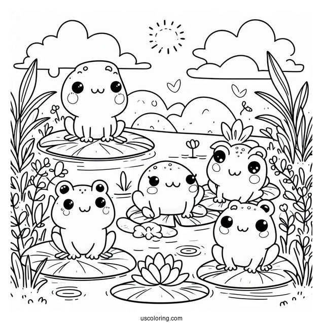 Frogs Sitting On Lily Pads In A Pond Coloring Sheet