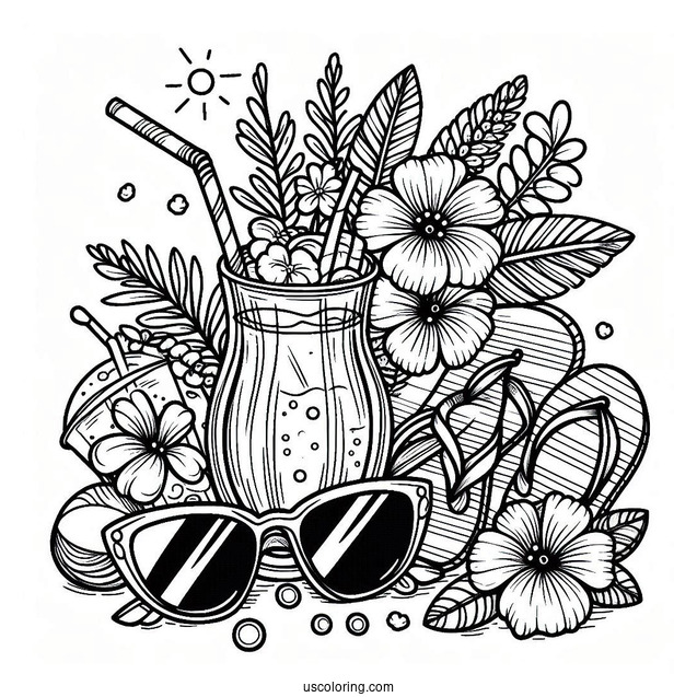 Summer Coloring Page Of Drink, Flowers, Sunglasses, And Flip Flops