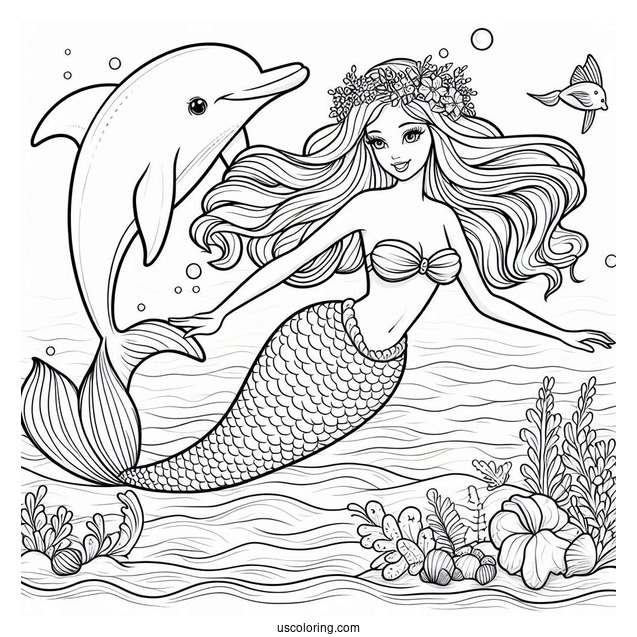 Mermaid Barbie Swimming With Dolphin To Color
