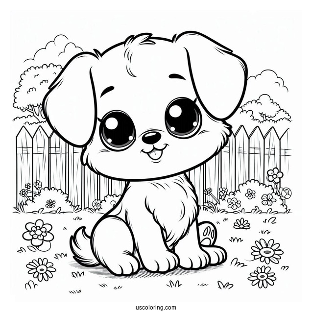 Coloring Sheet Of Cartoon Puppy In Backyard