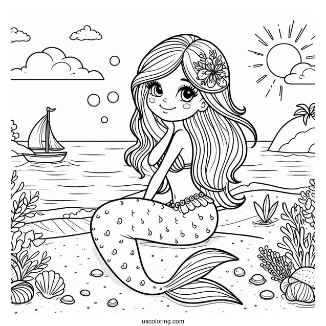Mermaid Sitting On The Beach Coloring Sheet For Kids