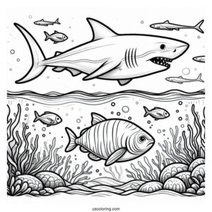 Sharks Coloring Page And Fish Beneath The Water Surface