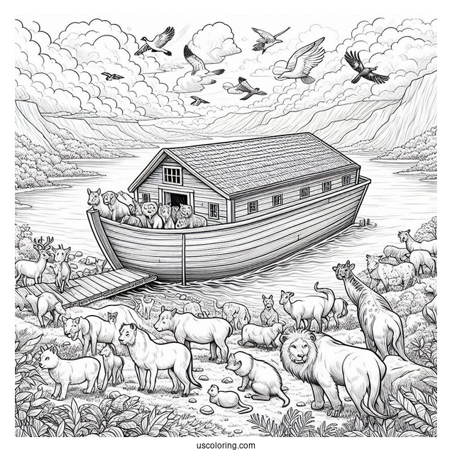 Realistic Noah's Ark Coloring Page With Animals Leaving The Ark