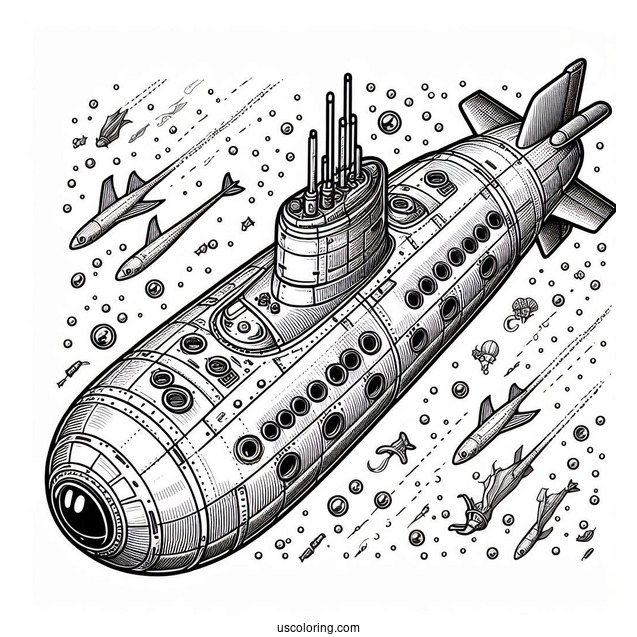 Top View Of Detailed Submarine Coloring Page