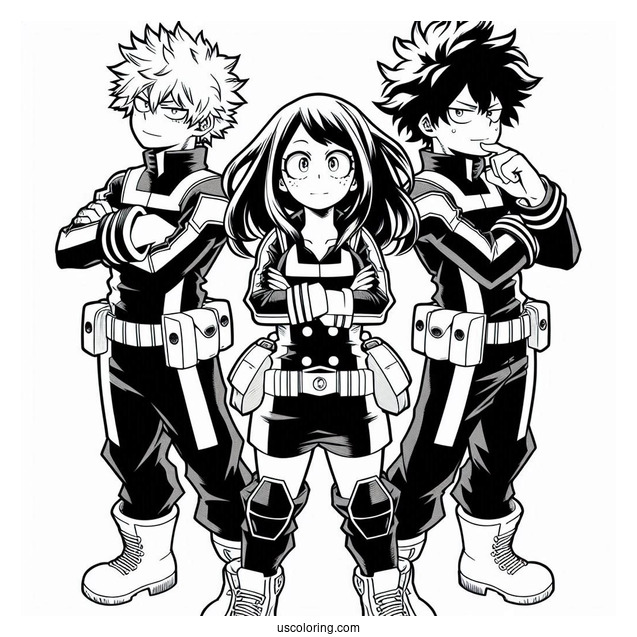 My Hero Academia Coloring Page Of Izuku, Ochako, And Shouto