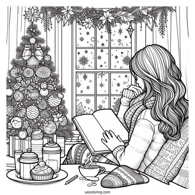 Christmas Coloring Pages For Adults Of Woman Reading Book Beside Window On Christmas Day