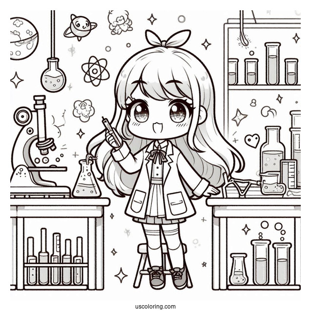 Science Coloring Page Of Chibi Girl Performing Science Experiments In A Lab