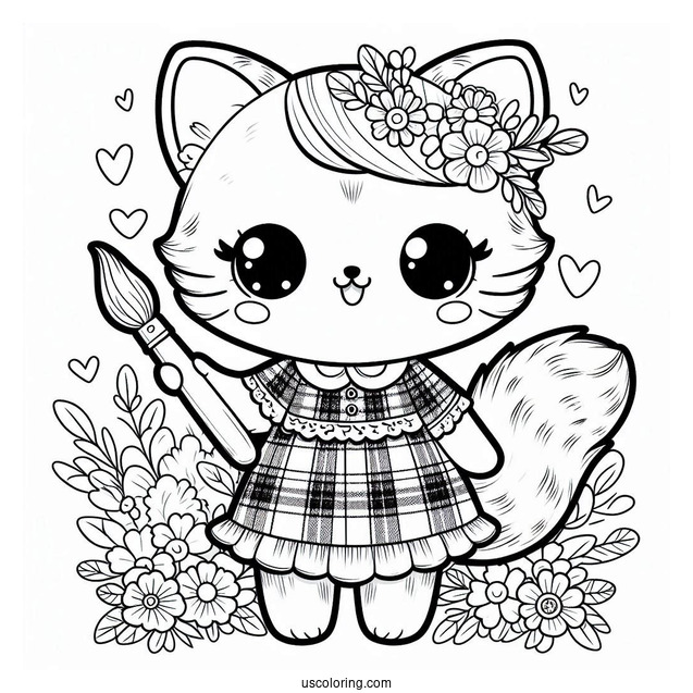 Cute Coloring Page Furry Cat Holding A Paintbrush And Wearing A Plaid Dress
