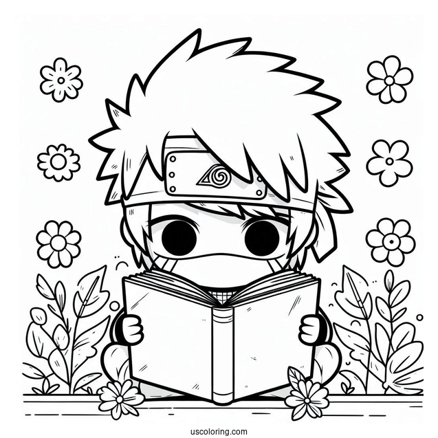 Cute Chibi Kakashi Coloring Page Reading Icha Icha Book For Preschoolers