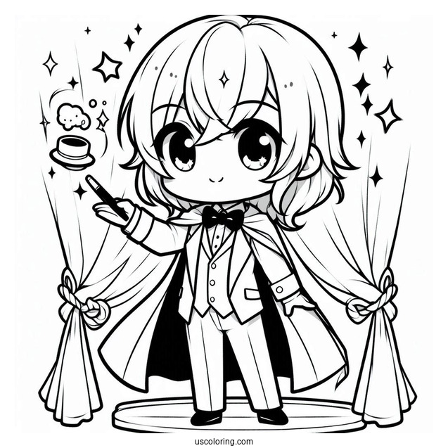 Chibi Coloring Page Stage Magician Wowing the Crowd with Magic Tricks