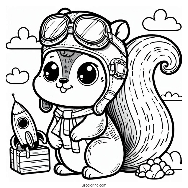 Rocket J Squirrel Coloring Page Wearing Aviator Helmet For Preschoolers