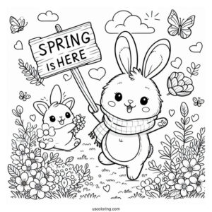 Rabbit Holding A Spring Is Here Sign Coloring Sheet