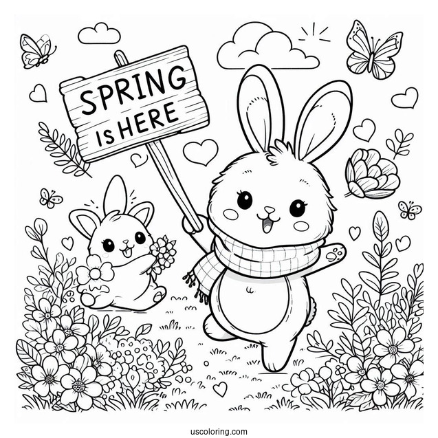 Rabbit Holding A Spring Is Here Sign Coloring Sheet
