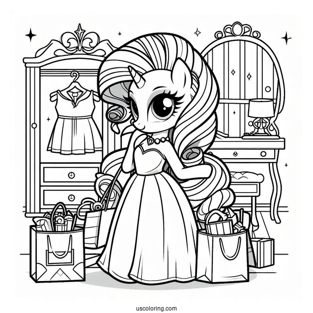Elegant Rarity Coloring Page In Her Room With Shopping Bags