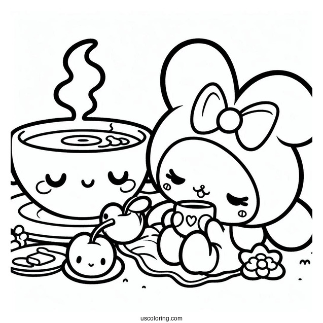 Kawaii My Melody Drinking Tea While Cinnamoroll Sleeps