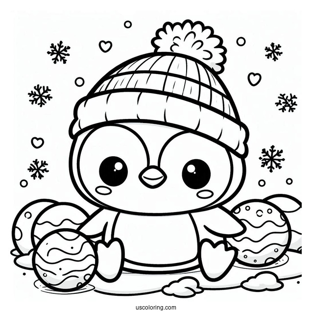 Cute Baby Penguin With Snow Balls Coloring In