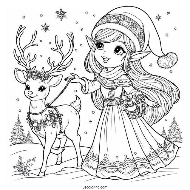 Elf Leading A Reindeer In The North Pole Coloring Page For Kids