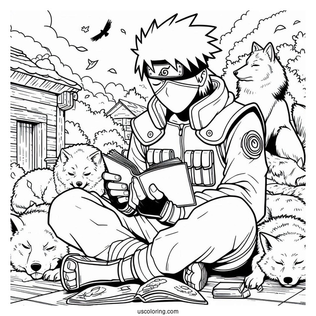 Kakashi Coloring Page Reading While Pakun And The Pack Sleeps Around Him